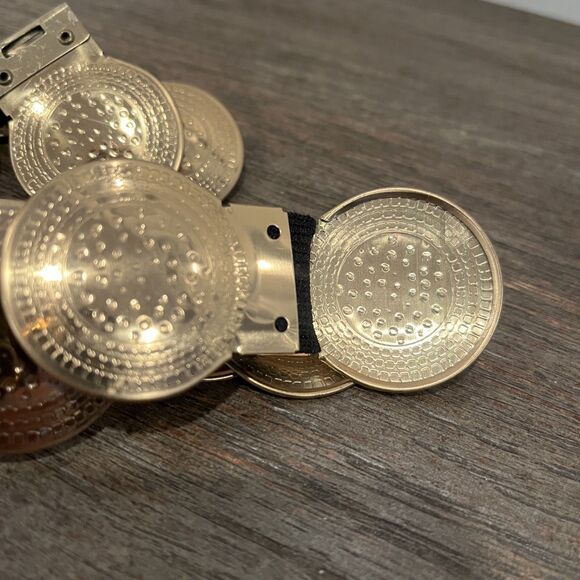 Vintage Medallion Waist Belt Gold Tone Metal Coin Stretch Elastic 30” 80s - Picture 2 of 6